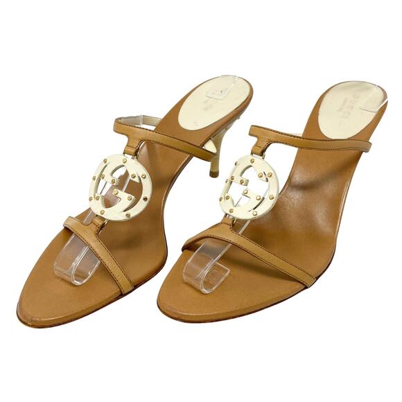 Gucci GG Logo Interlocking Tan Brown White Leather Strappy Heels Sandals US 9.5 - Picture 1 of 10